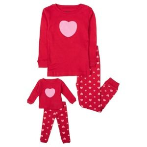 New Leveret Sleepwear Girls 2Y With Matching Doll Set Heart Long Sleve Red Pink